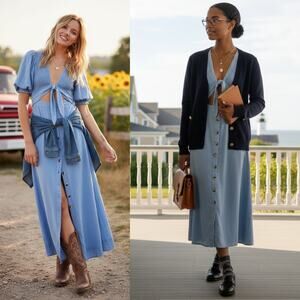 NEW Free People String Of Hearts Denim Blue Button Front Linen Maxi Dress XS
